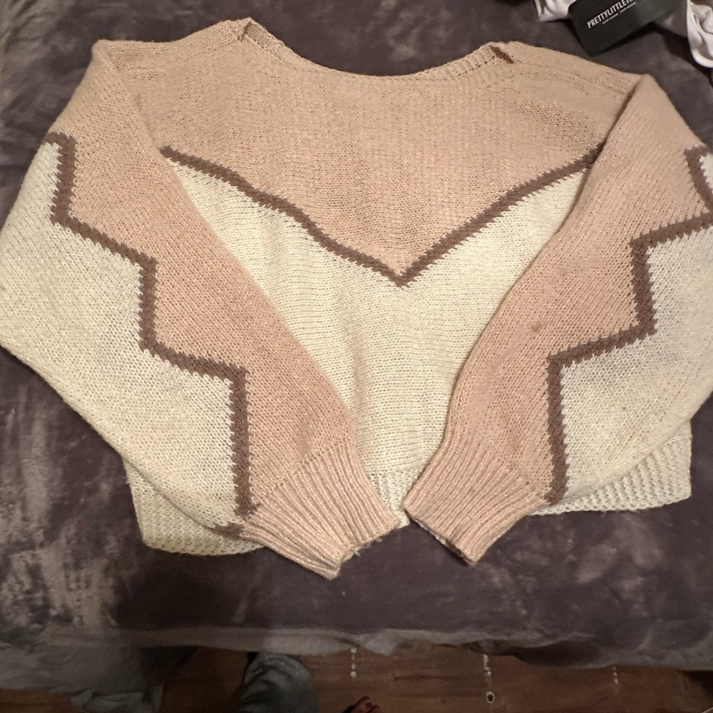 Cream and Tan Chevron Knit Sweater